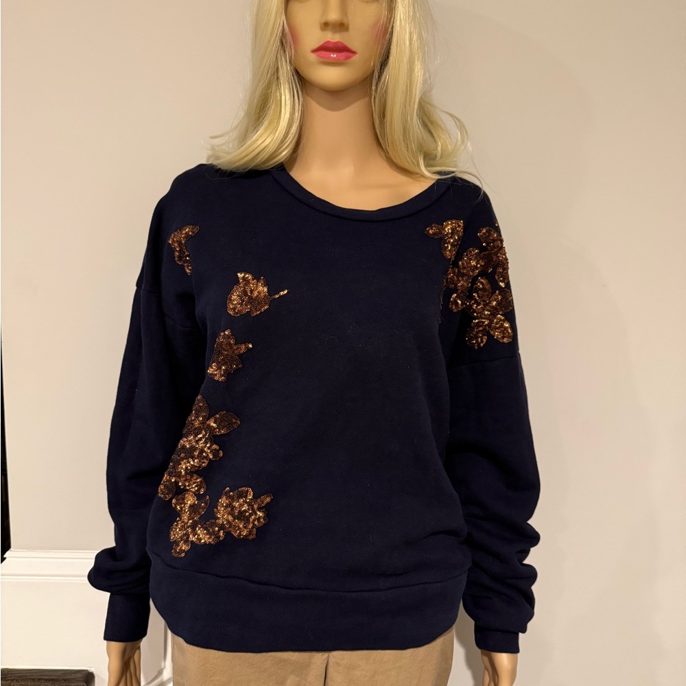 J. Crew Navy Crewneck Sweatshirt Copper sequined floral details